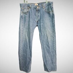Levis 501 Jeans Mens 36 X 32 Solid Blue Denim Button Fly Pre Owned Pants